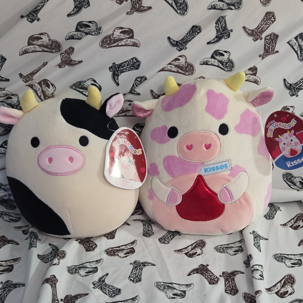 Two 8 Inch Squishmallows Black and Pink Cow Duo CONNOR AND EVANGELICA